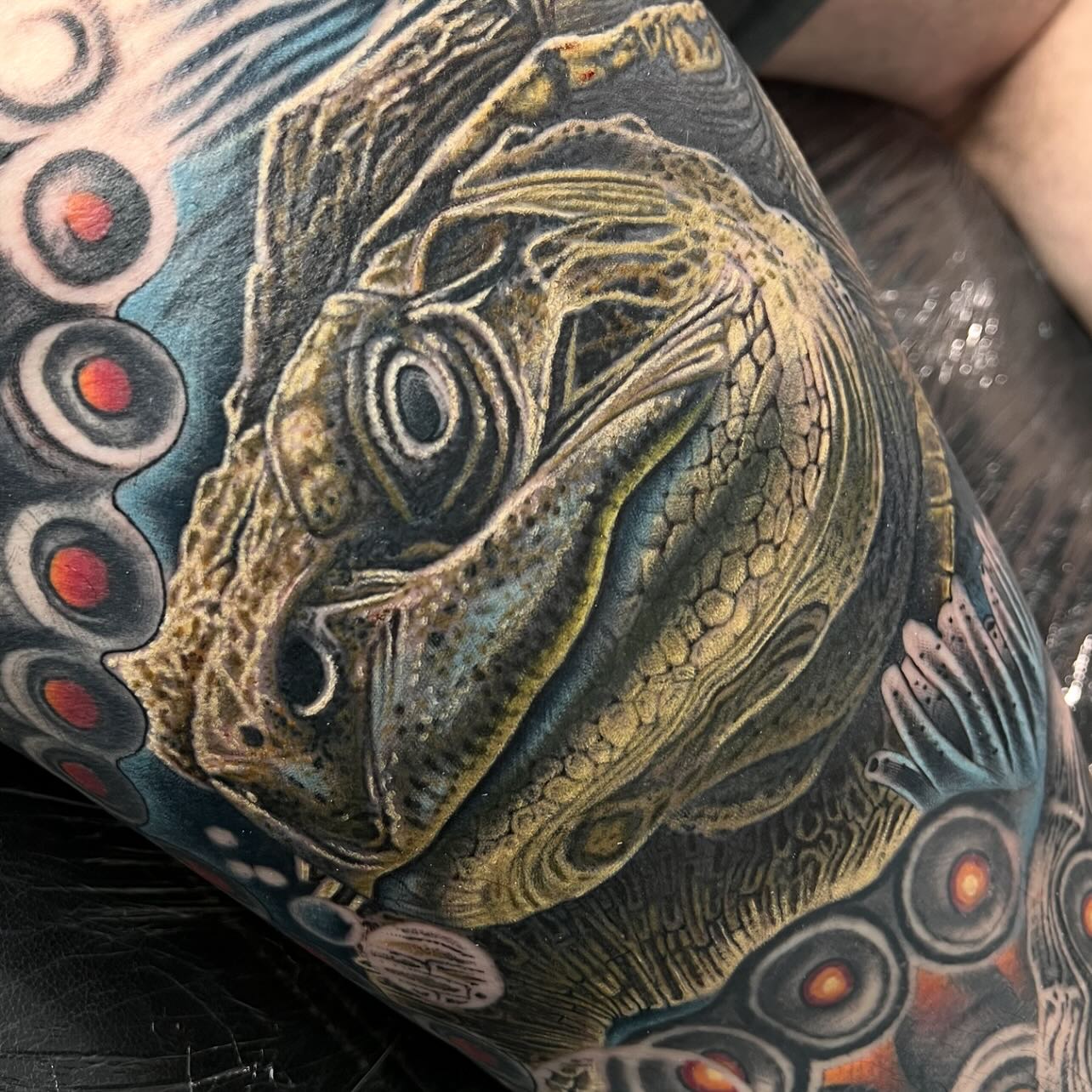 Colour fantasy sea turtle sleeve tattoo by Nicholas Tattoo, Camden NSW
