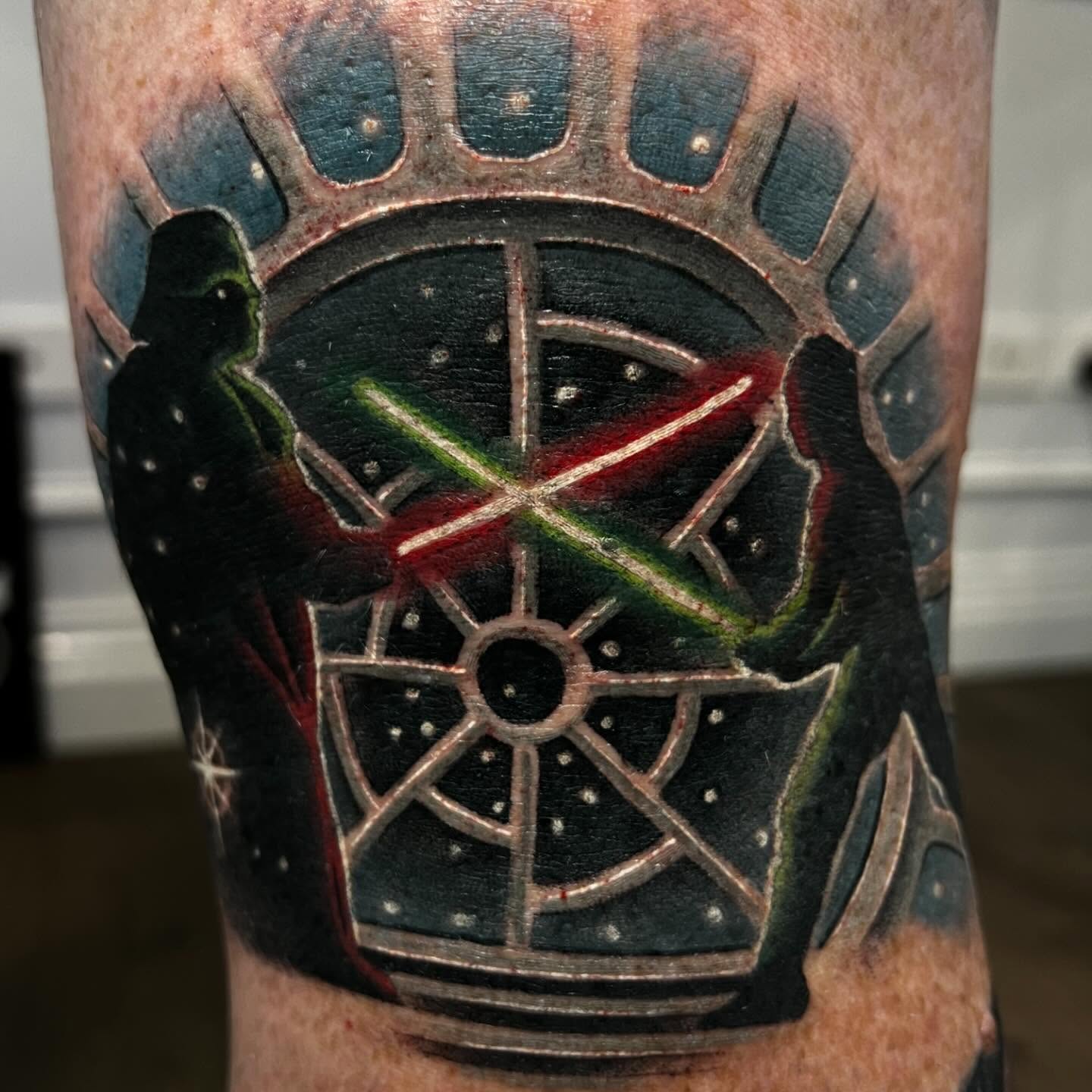 Colour Star Wars Vader and Luke lightsaber duel tattoo by Nicholas Tattoo, Camden NSW